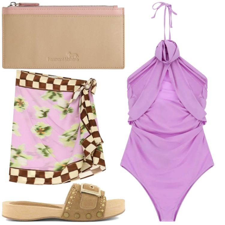Outfit donna - Glamour al sunset. Stile Glamour per Mare. Abbinamento con portafogli, minigonne, costumi interi, ciabatte.