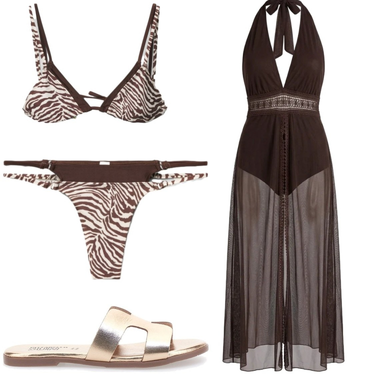 Outfit donna - Vacanze estive 2026. Stile Glamour per Mare. Abbinamento con vestiti lunghi, bikini, bikini, ciabatte.