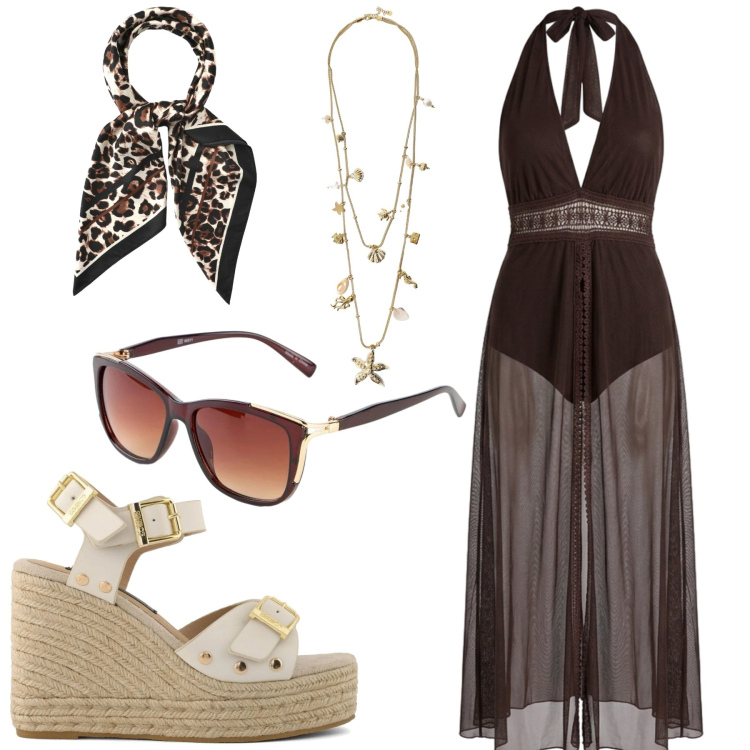 Outfit donna - Resort Glamour Sauvage. Stile Chic per Mare. Abbinamento con occhiali da sole, vestiti lunghi, foulard, collane, braccialetti, zeppe.