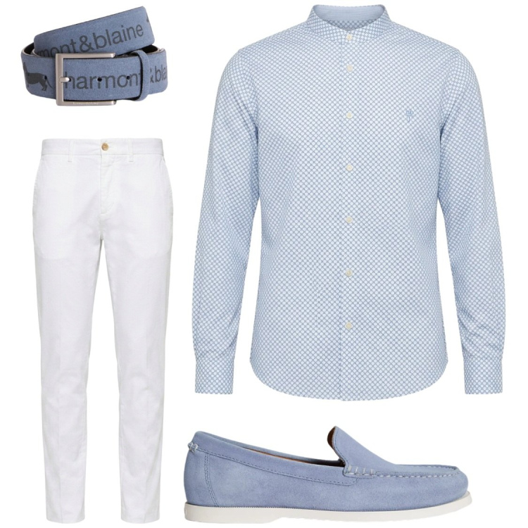 Outfit uomo - Aperitivi estivi. Stile Trendy per Serata speciale. Abbinamento con cinture, camicie, pantaloni chino, scarpe stringate.