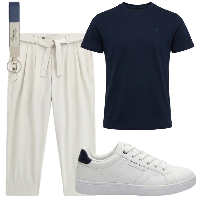 Outfit uomo - Serate estive relax. Stile Trendy per Serata speciale. Abbinamento con sneakers, t-shirt, portachiavi, pantaloni chino.