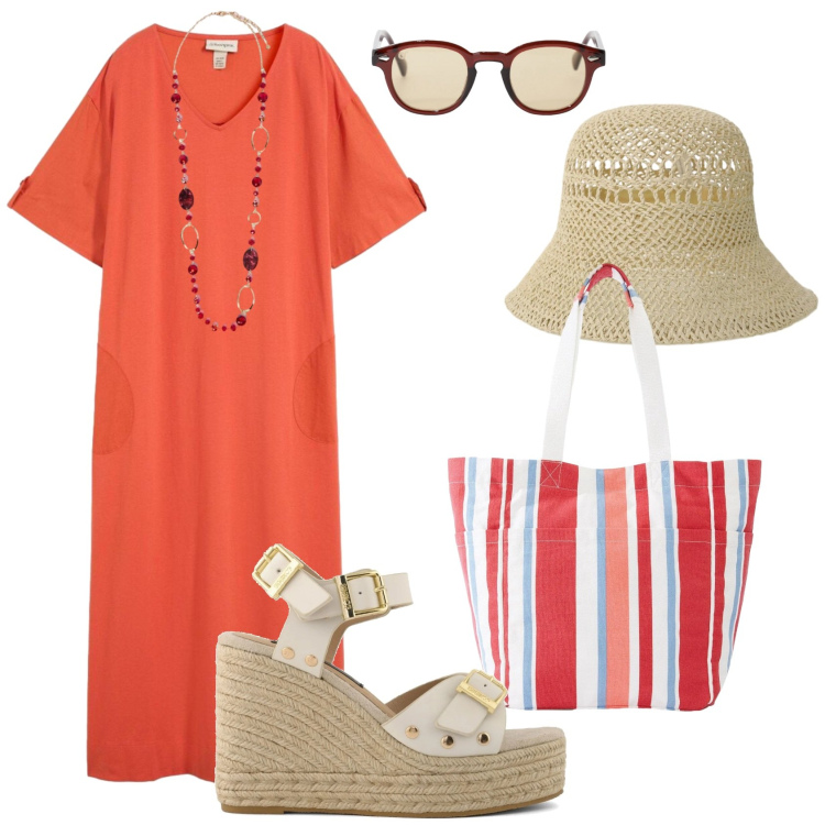 Outfit donna - Total look #2434530. Stile Basic per Tutti i giorni. Abbinamento con vestiti chemisier, shopping bag, collane, occhiali da sole, cappelli, zeppe.