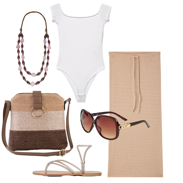 Outfit donna - Luglio. Stile Basic per Tutti i giorni. Abbinamento con borse a tracolla, occhiali da sole, gonne lunghe, t-shirt, sandali, collane.