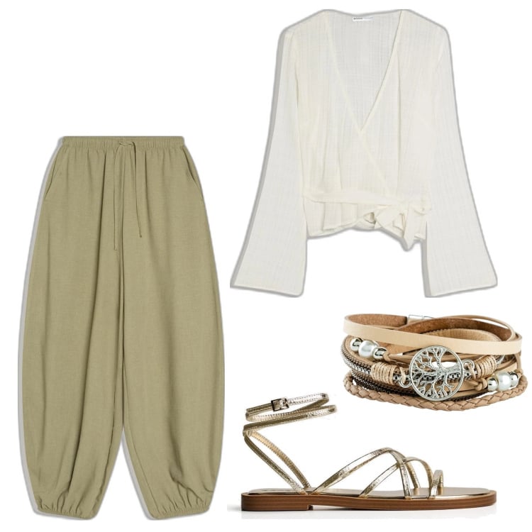 Outfit mujer - Bohemian. Estilo Boho para Todos los días. Combinación con pulseras, sandalias, pantalones, blusas.