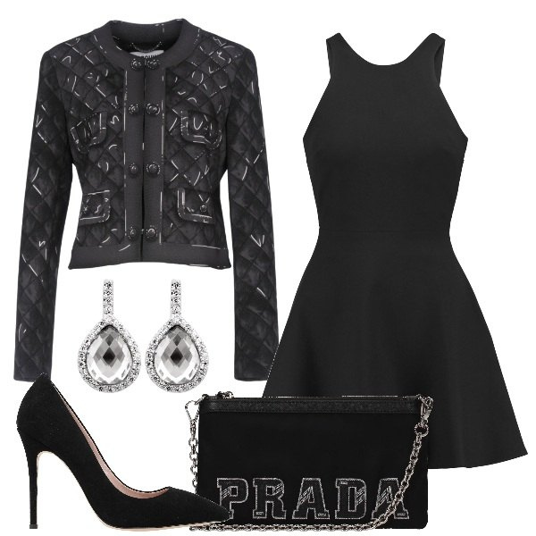 Outfit donna - Matelassé. Stile Sexy per Serata fuori. Abbinamento con vestito corto a ruota collo tondo con zip interno foderato crêpe, giacca fantasia multicolore effetto acetato collo tondo a maniche lunghe interno foderato monopetto, décolleté effetto scamosciato a punta tinta unita, pochette con manico e logo frontale nero, orecchini.