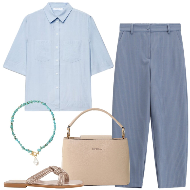 Outfit donna - Rigore estivo. Stile Minimal per Serata fuori. Abbinamento con camicie a manica corta, pantaloni, sandali, borse a secchiello, collane.
