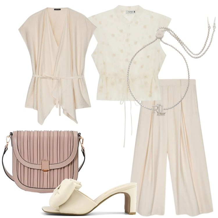 Outfit donna - Lino e leggerezza -Donna Curvy Italy. Stile Minimal per Serata fuori. Abbinamento con borse a tracolla, top, pantaloni a palazzo, caftani, braccialetti, sandali col tacco.
