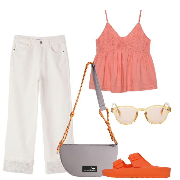 Outfit donna - Aranciata. Stile Basic per Tutti i giorni. Abbinamento con borse a tracolla, jeans, ciabatte, canottiere, occhiali da sole.