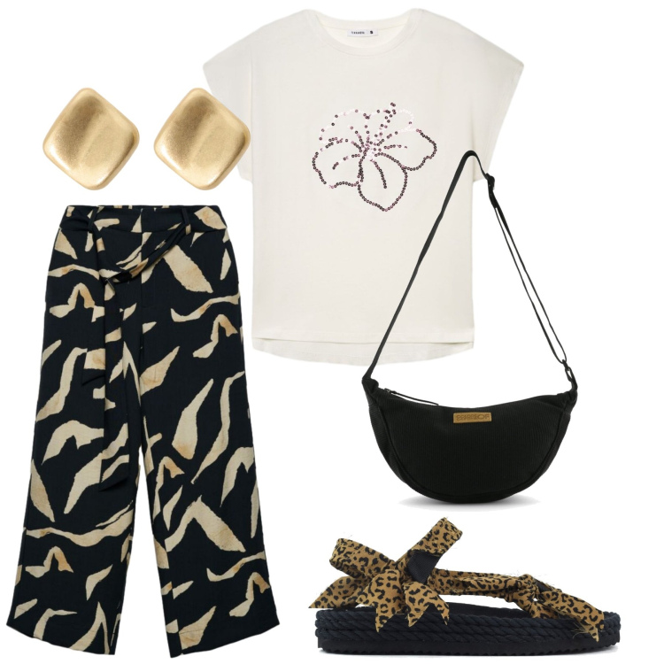 Outfit donna - Total look #2434596. Stile Basic per Tutti i giorni. Abbinamento con t-shirt, pantaloni, orecchini, sandali, borse a tracolla.