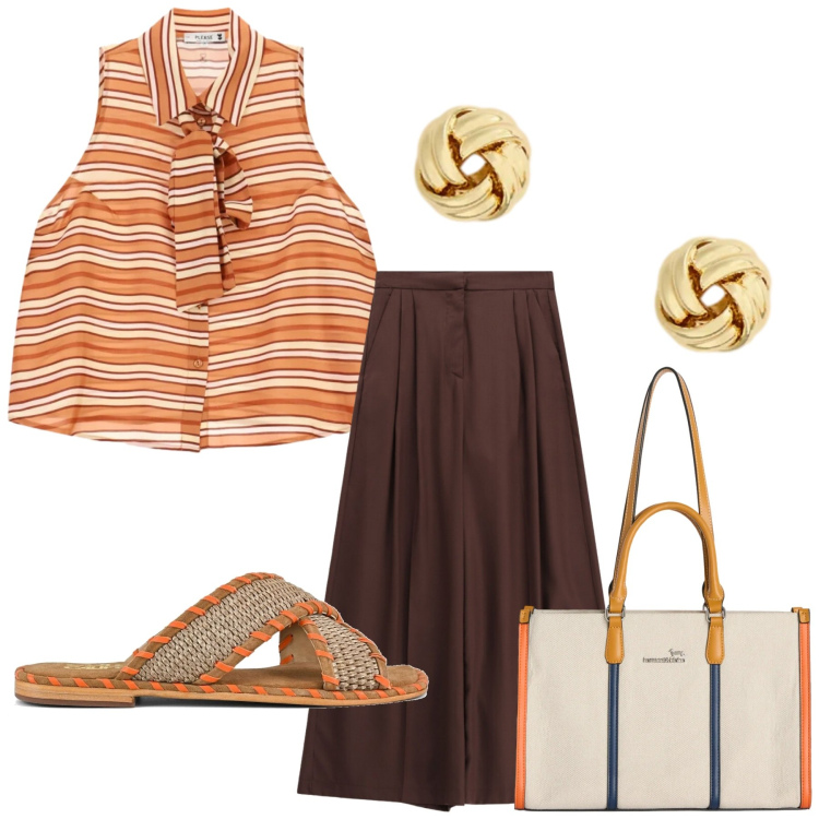 Outfit donna - Total look #2434597. Stile Minimal per Tutti i giorni. Abbinamento con borse tote, orecchini, camicie, pantaloni a palazzo, ciabatte.