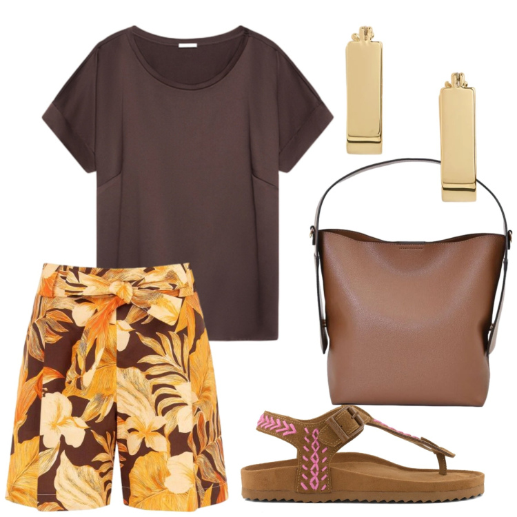 Outfit donna - Total look #2434598. Stile Basic per Tutti i giorni. Abbinamento con pantaloni corti, borse a mano, t-shirt, orecchini, infradito.