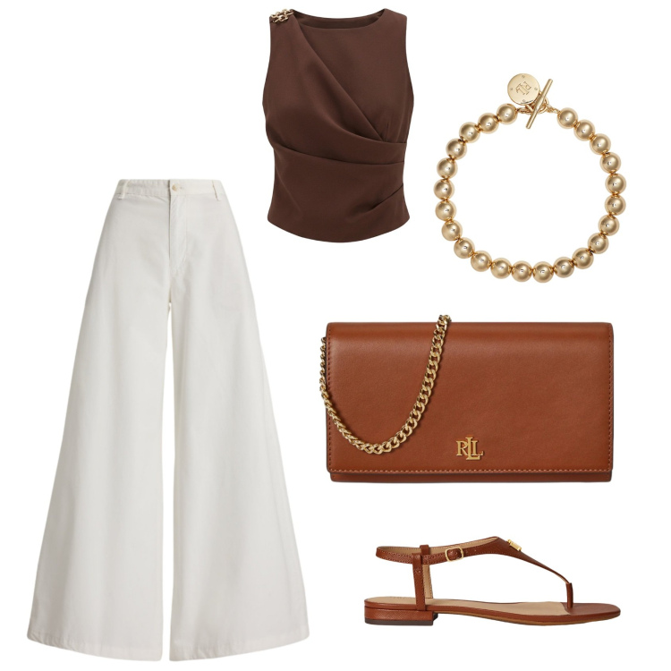Outfit donna - Eleganza al tramonto. Stile Chic per Serata fuori. Abbinamento con braccialetti, borse a tracolla, pantaloni, sandali in pelle, canottiere.