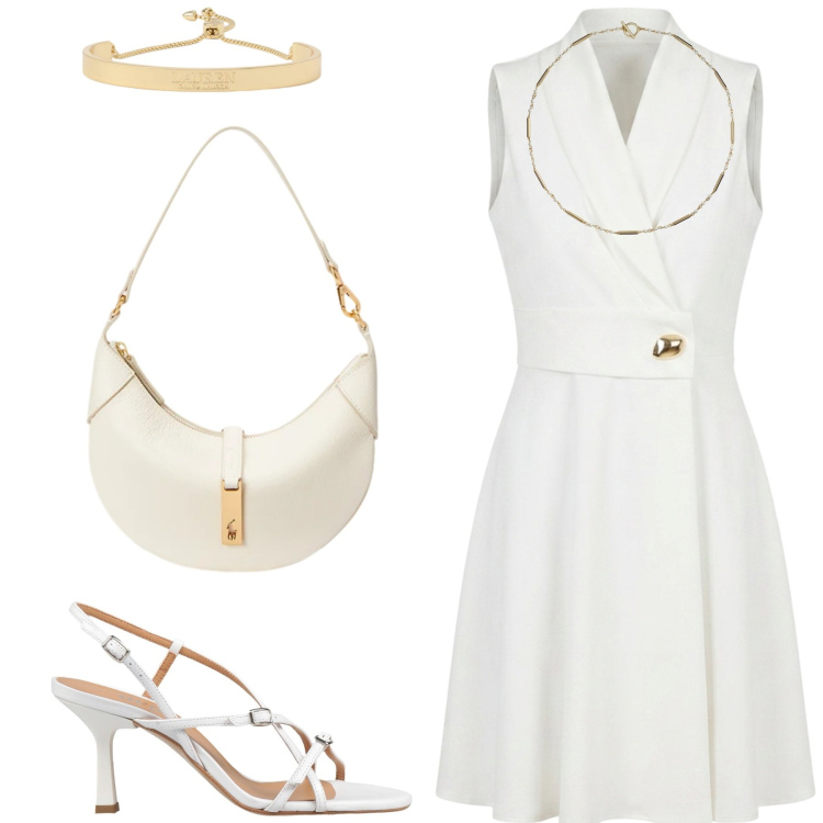 Outfit donna - Aperitivo serale. Stile Chic per Serata fuori. Abbinamento con sandali in pelle, borse a spalla, braccialetti, collane, vestiti asimmetrici.
