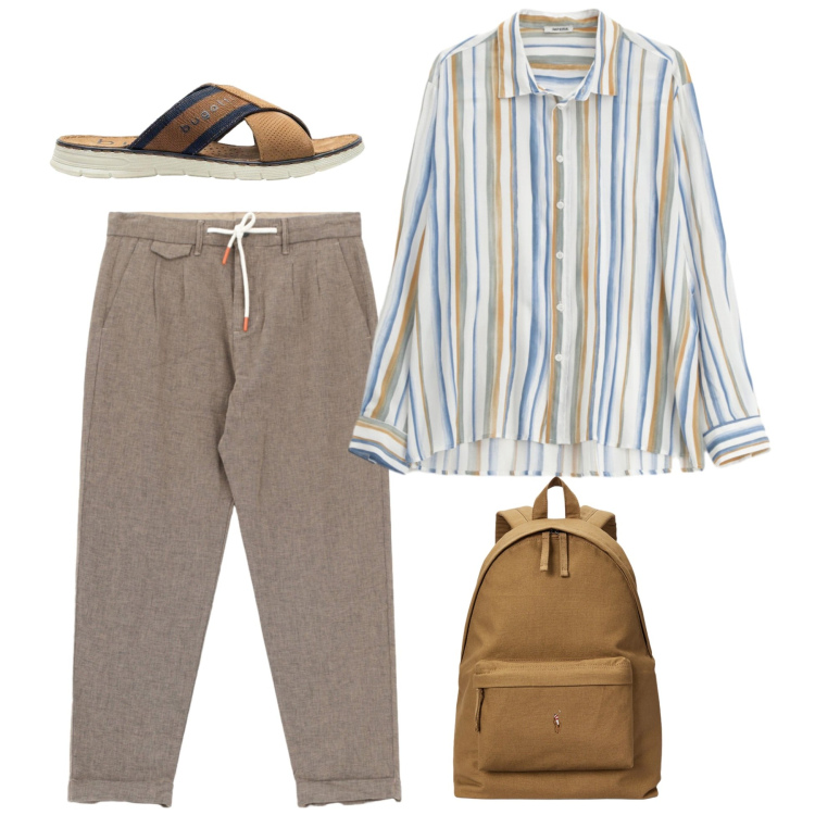 Outfit uomo - Comodo, disinvolto e trendy. Stile Trendy per Tutti i giorni. Abbinamento con sandali, borse sportive, camicie, pantaloni.
