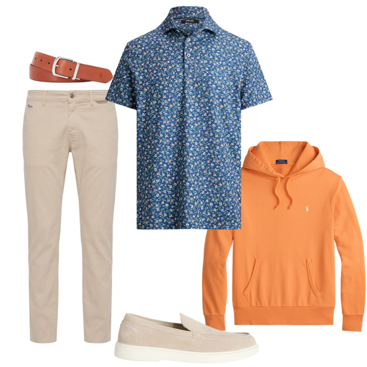Outfit uomo - Polo floreale. Stile Urban per Tutti i giorni. Abbinamento con scarpe stringate, pantaloni, cinture, felpe con cappuccio, polo.