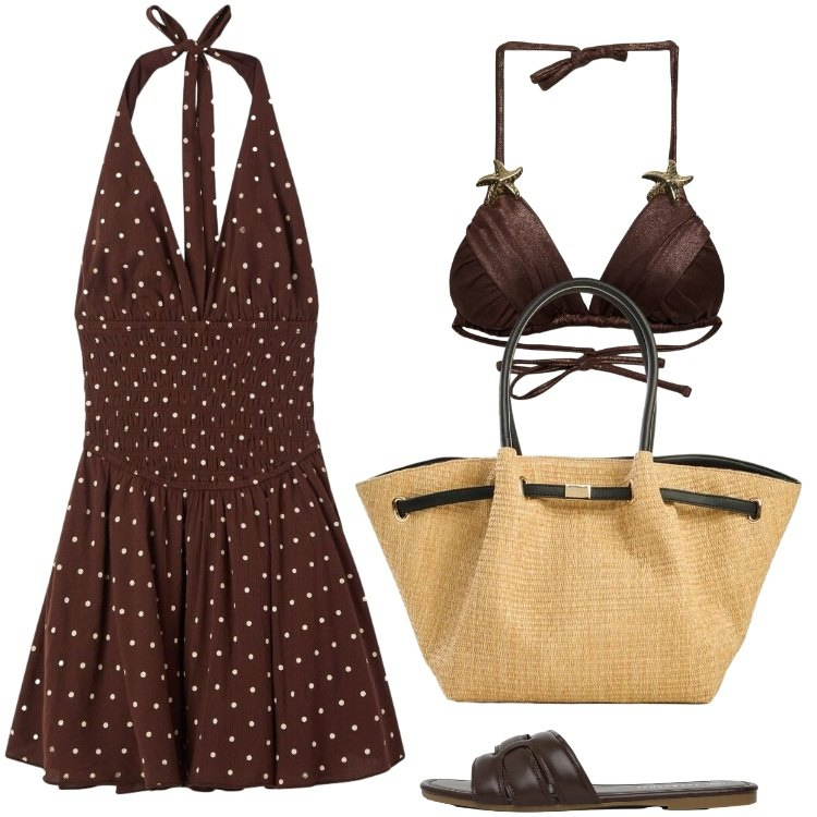 Outfit donna - Total look #2434622. Stile Trendy per Mare. Abbinamento con shopping bag, vestiti corti, bikini, ciabatte.