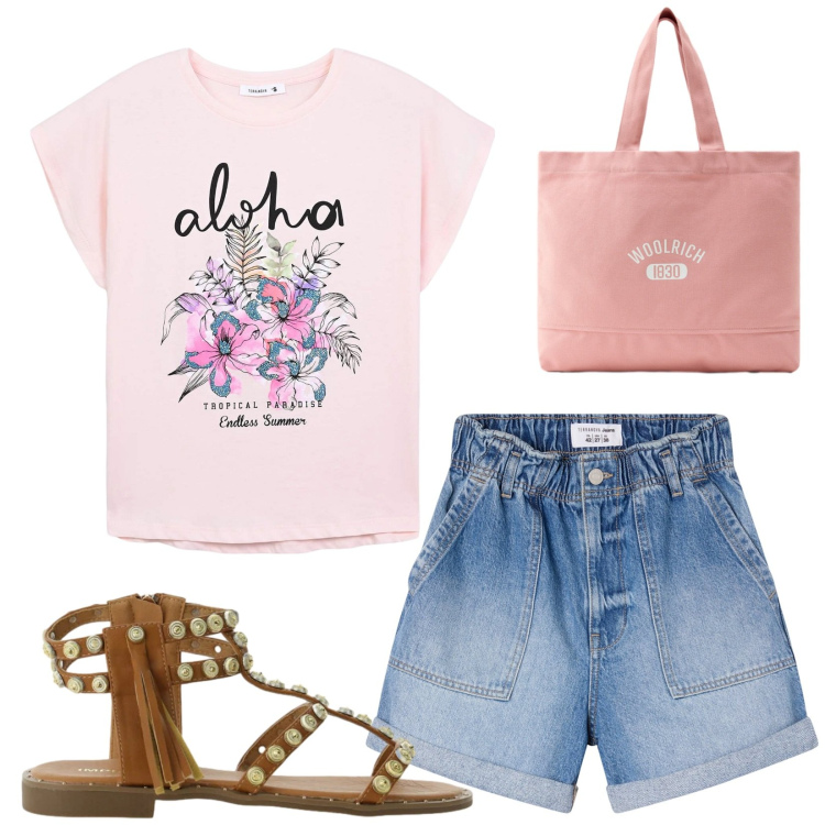 Outfit donna - Total look #2434624. Stile Casual per Mare. Abbinamento con t-shirt, shorts, sandali, borse tote.