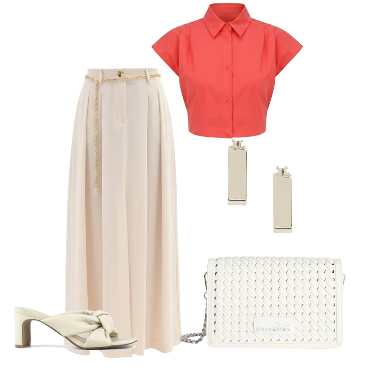 Outfit donna - Serate estive. Stile Casual chic per Serata fuori. Abbinamento con borse a tracolla, orecchini, gonne lunghe, camicie a manica corta, sandali col tacco.