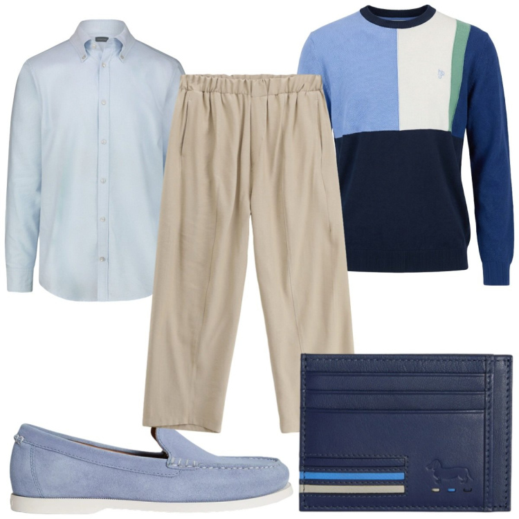 Outfit uomo - Aperitivo al tramonto in due. Stile Casual per Serata speciale. Abbinamento con portafogli, maglieria, scarpe stringate, camicie, pantaloni.
