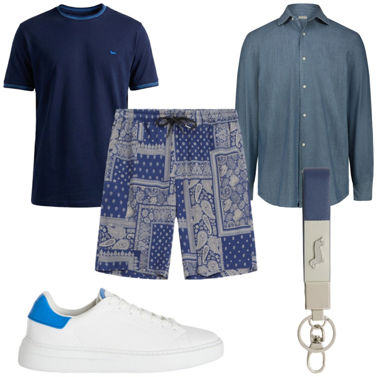 Outfit uomo - Colori mediterranei blu mare. Stile Trendy per Tutti i giorni. Abbinamento con sneakers, t-shirt, portachiavi, camicie, bermuda.