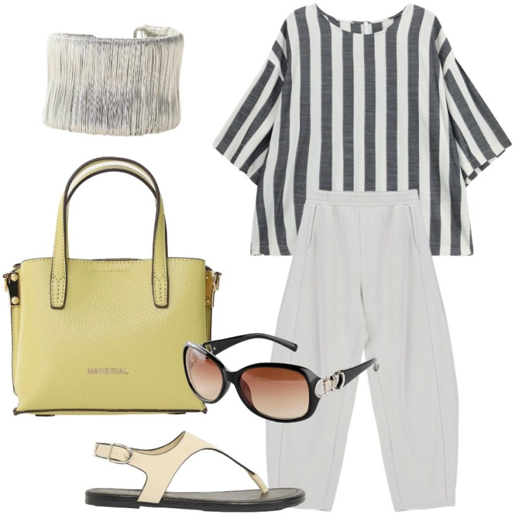 Outfit donna - Summer bag. Stile Urban per Tutti i giorni. Abbinamento con occhiali da sole, infradito, borse a tracolla, pantaloni a palazzo, top, braccialetti.