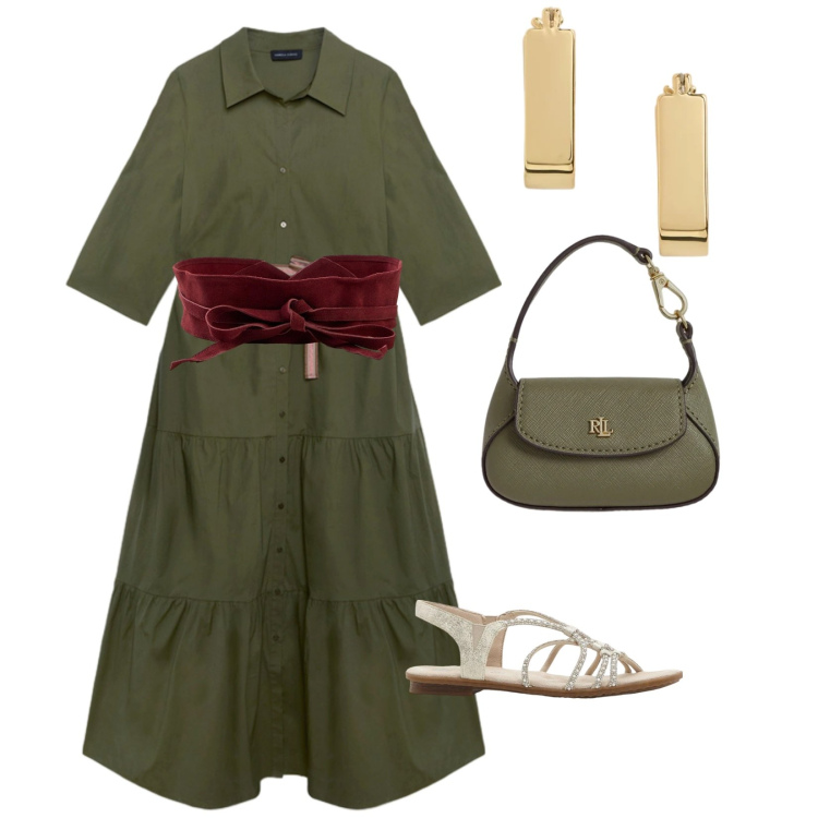 Outfit donna - Verde estivo. per Tutti i giorni. Abbinamento con sandali, cinture, vestiti chemisier, borse a mano, orecchini.