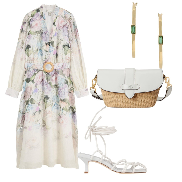 Outfit donna - Pranzo in famiglia. per Cerimonia. Abbinamento con sandali col tacco, vestiti midi/longuette, borse a spalla, orecchini.