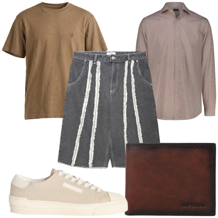 Outfit uomo - Total look #2434645. Stile Trendy per Tutti i giorni. Abbinamento con sneakers, t-shirt, bermuda, camicie, portafogli.