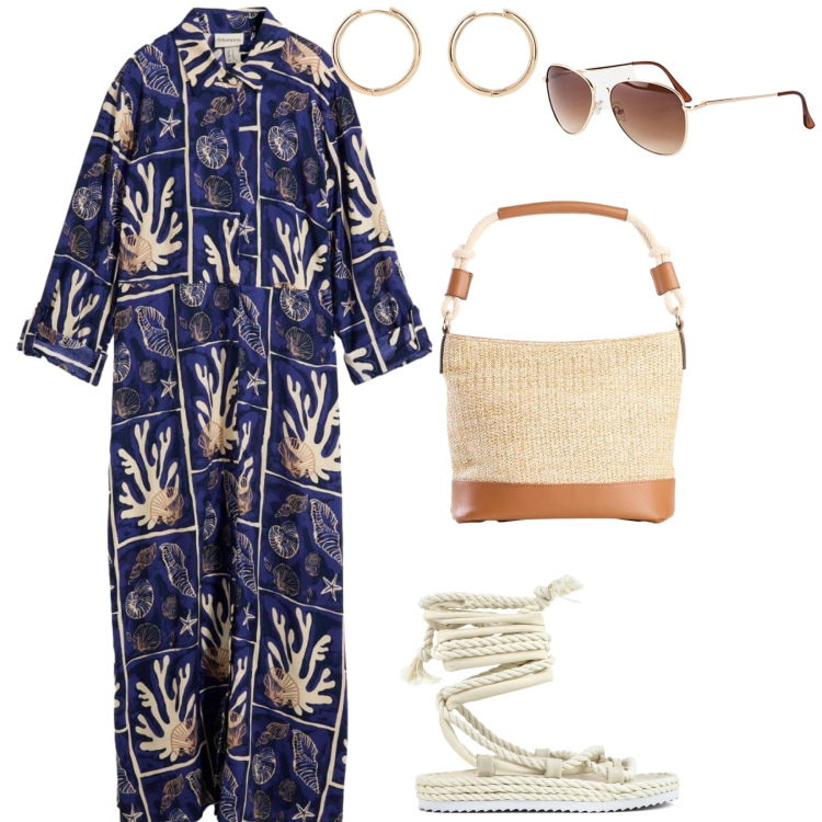Outfit donna - Vacanze al mare. per Mare. Abbinamento con borse a mano, orecchini, occhiali da sole, vestiti chemisier, sandali.