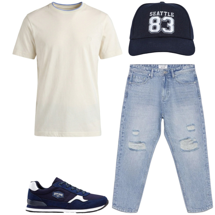 Outfit uomo - Total look #2434648. Stile Casual per Tutti i giorni. Abbinamento con sneakers, t-shirt, jeans strappati, cappelli.