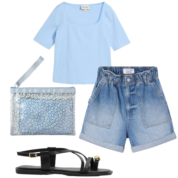 Outfit donna - Total look #2434652. Stile Casual per Tutti i giorni. Abbinamento con t-shirt, sandali, shorts, pochette.