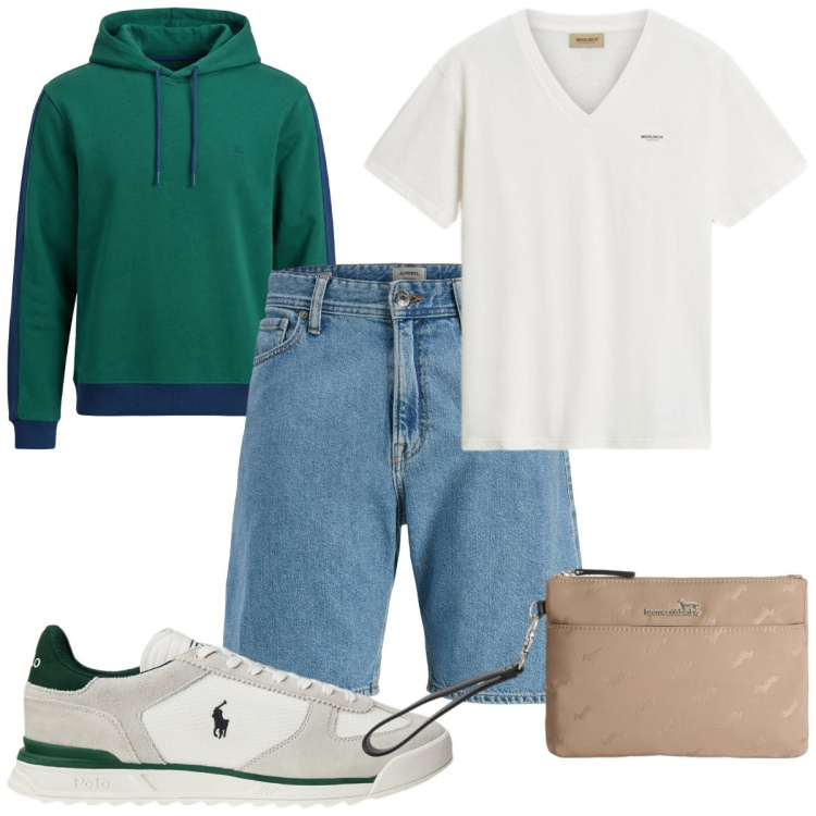 Outfit uomo - Total look #2434653. Stile Casual per Tutti i giorni. Abbinamento con shorts, borse sportive, felpe con cappuccio, t-shirt, sneakers.