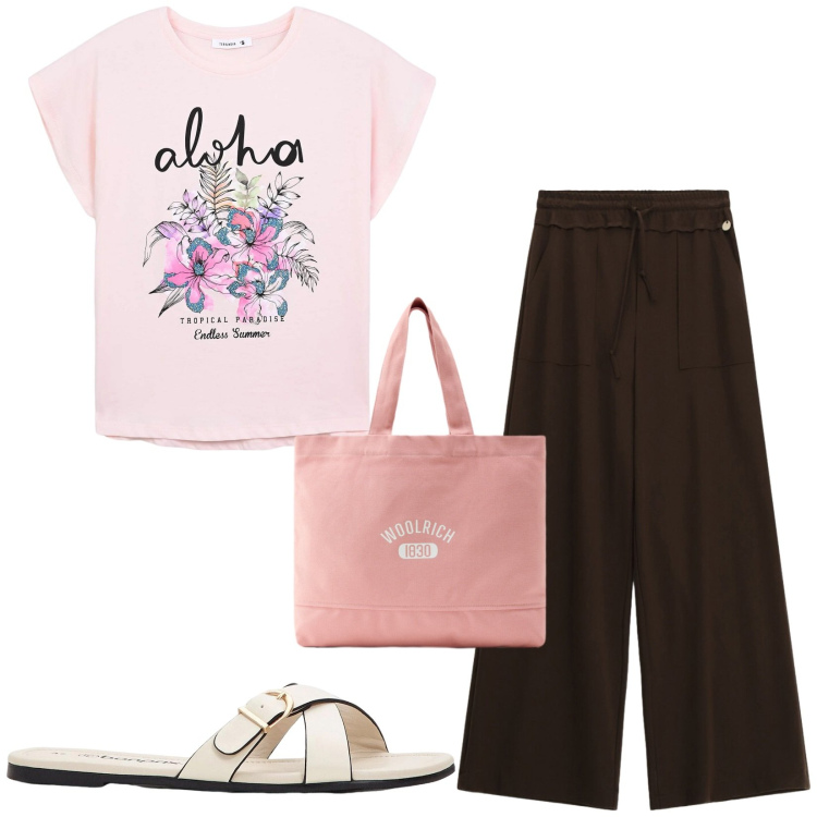 Outfit donna - Total look #2434654. Stile Casual per Tutti i giorni. Abbinamento con ciabatte, t-shirt, pantaloni a palazzo, borse tote.