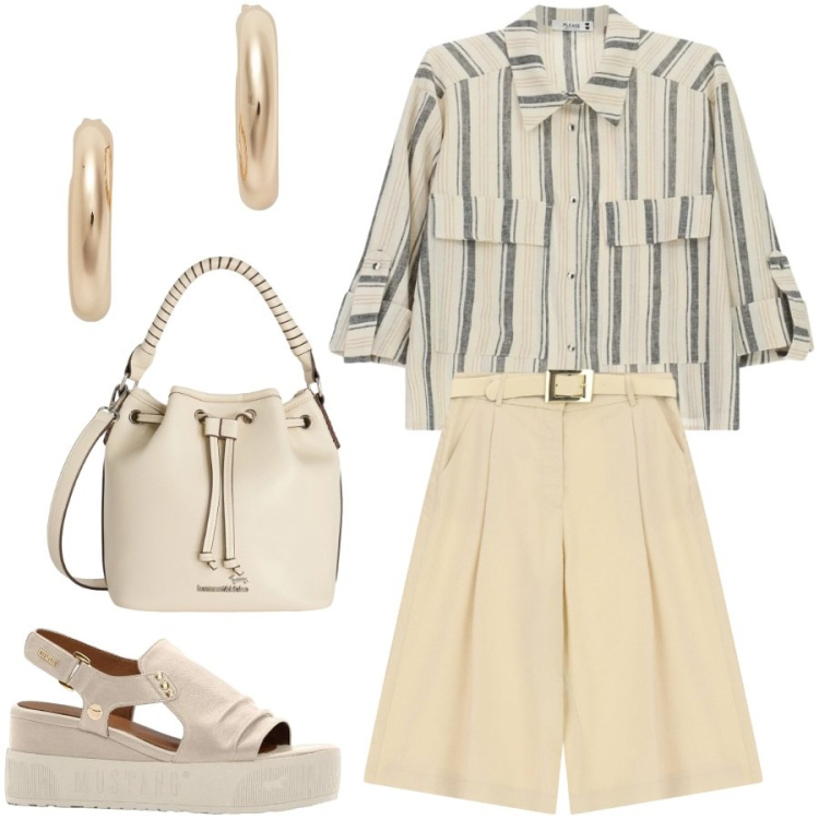 Outfit donna - Estate in città. Stile Casual chic per Tutti i giorni. Abbinamento con sandali, bermuda, camicie, borse a secchiello, orecchini.