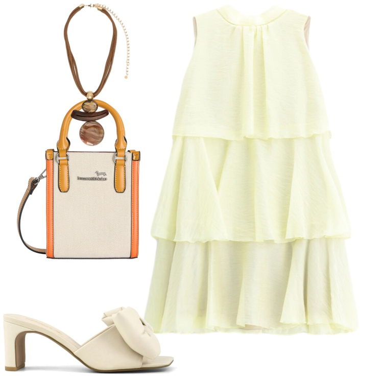 Outfit donna - Luglio. Stile Casual chic per Tutti i giorni. Abbinamento con borse tote, ciondoli, vestiti corti, sandali col tacco.