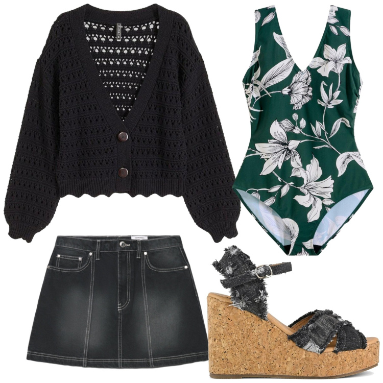 Outfit donna - Total look #2434666. Stile Trendy per Mare. Abbinamento con costumi interi, cardigans, minigonne, zeppe.