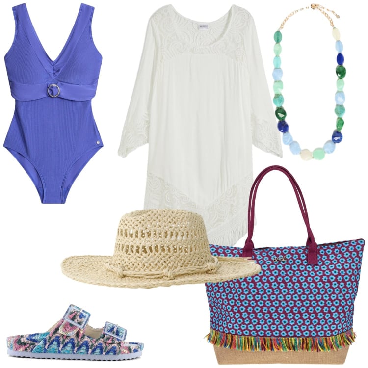 Outfit donna - Lavanda e Ibisco. Stile Chic per Mare. Abbinamento con costumi interi, vestiti da spiaggia, cappelli, collane, sandali, borse a spalla.