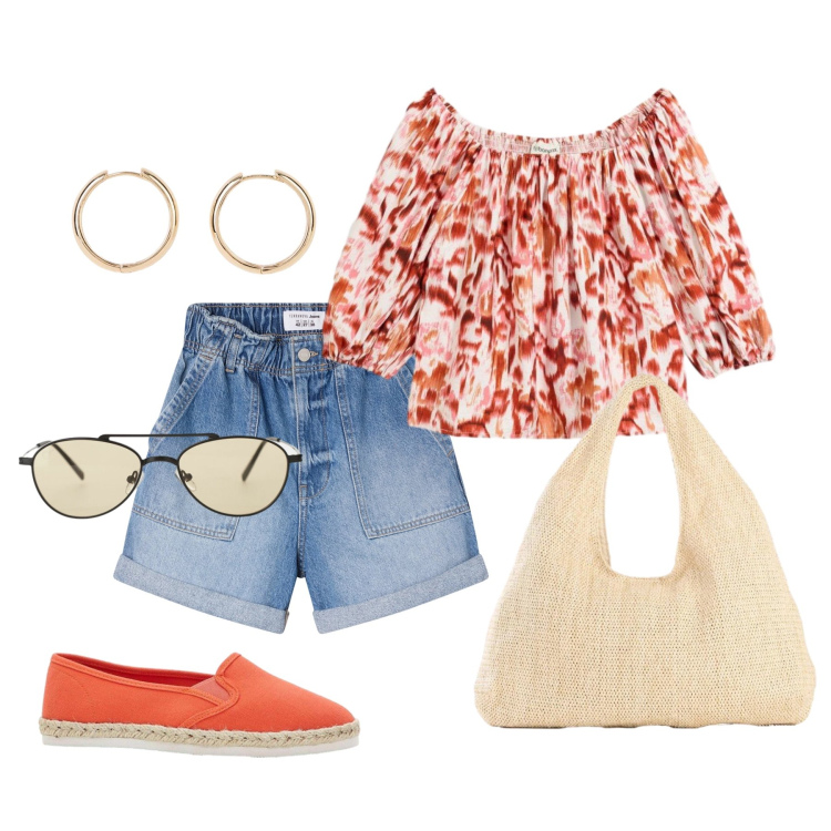 Outfit donna - Luglio. Stile Casual per Tutti i giorni. Abbinamento con orecchini, shopping bag, espadrillas, bluse, shorts, occhiali da sole.