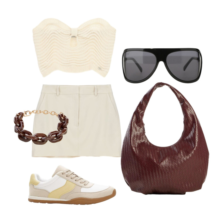 Outfit donna - Luglio. Stile Basic per Tutti i giorni. Abbinamento con sneakers, braccialetti, borse a mano, minigonne, occhiali da sole, top.