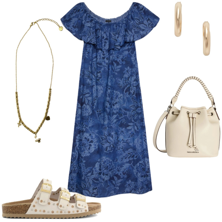 Outfit donna - Casual chic ogni giorno. Stile Casual chic per Tutti i giorni. Abbinamento con borse a secchiello, ciondoli, vestiti lunghi, orecchini, sandali.