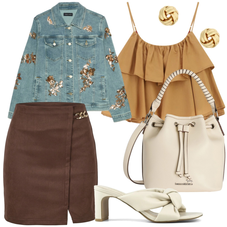 Outfit donna - Total look #2434676. Stile Casual chic per Tutti i giorni. Abbinamento con borse a secchiello, blazer, orecchini, top, minigonne, sandali col tacco.