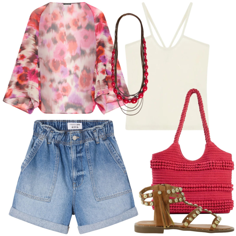 Outfit donna - Total look #2434677. Stile Casual chic per Tutti i giorni. Abbinamento con shopping bag, shorts, sandali, canottiere, blazer, collane.