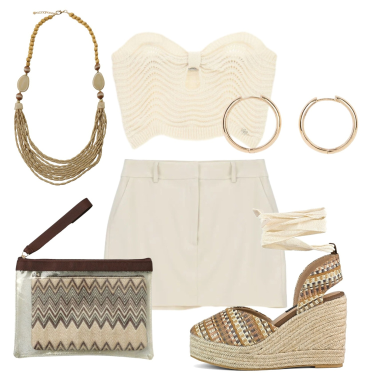 Outfit donna - Total look #2434679. Stile Boho per Serata fuori. Abbinamento con orecchini, pochette, top, minigonne, collane, zeppe.