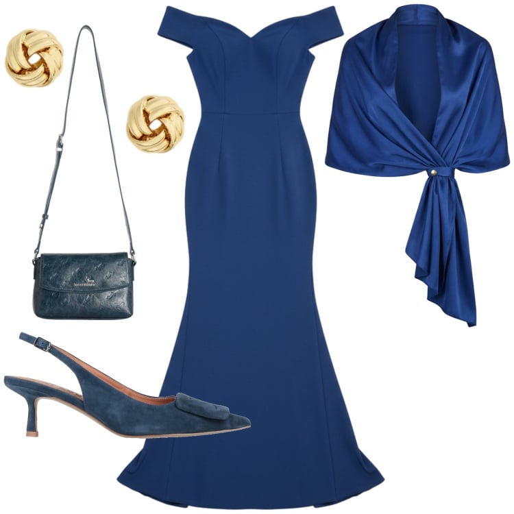 Outfit donna - Elegante. Stile Chic per Cerimonia. Abbinamento con décolleté, borse a tracolla, vestiti lunghi, stole, orecchini.