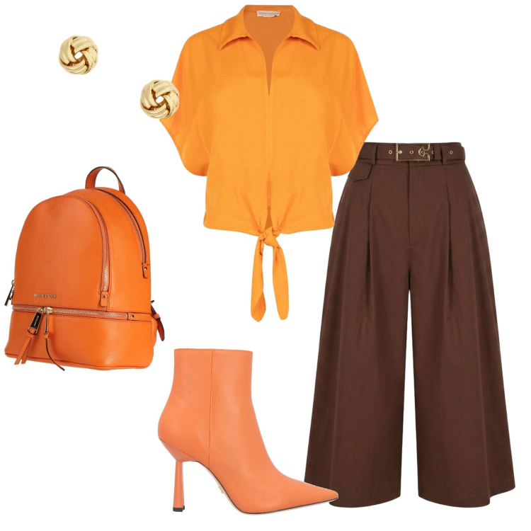 Outfit donna - Total look #2434689. Stile Casual chic per Serata fuori. Abbinamento con zaini, stivaletti, camicie a manica corta, pantaloni capri, orecchini.