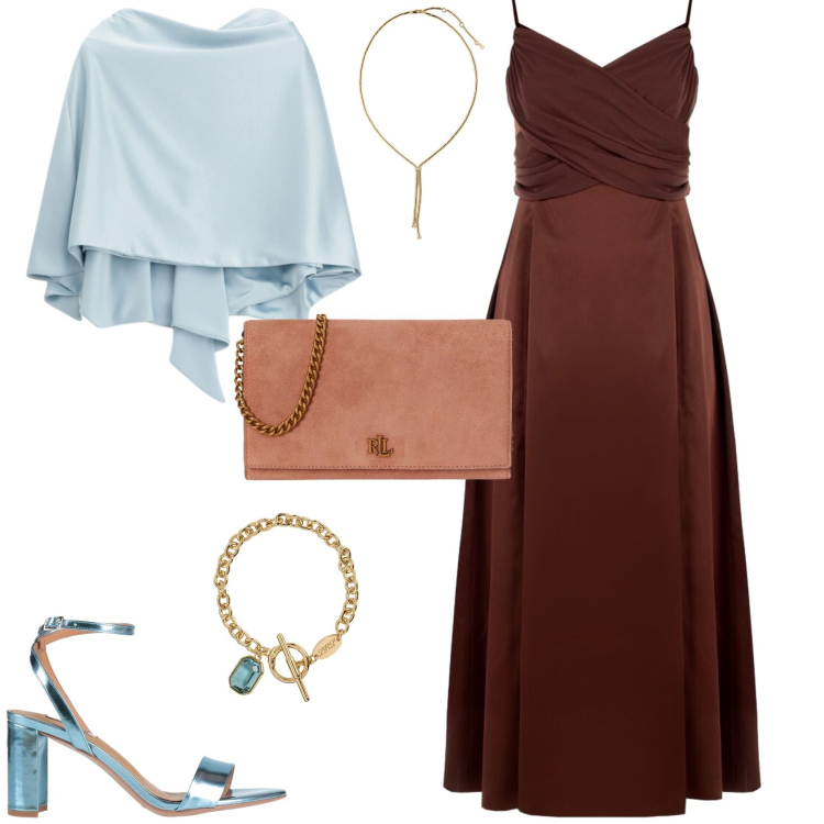 Outfit donna - Chic cerimonia evento serata. Stile Chic per Serata fuori. Abbinamento con sandali in pelle, vestiti lunghi, scialli, collane, braccialetti, borse a tracolla.