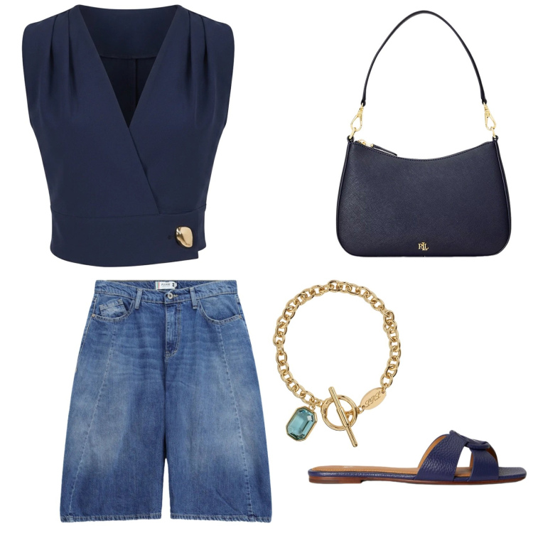 Outfit donna - Casual chic. Abbinamento con top, bermuda, borse a spalla, sandali in pelle, braccialetti.
