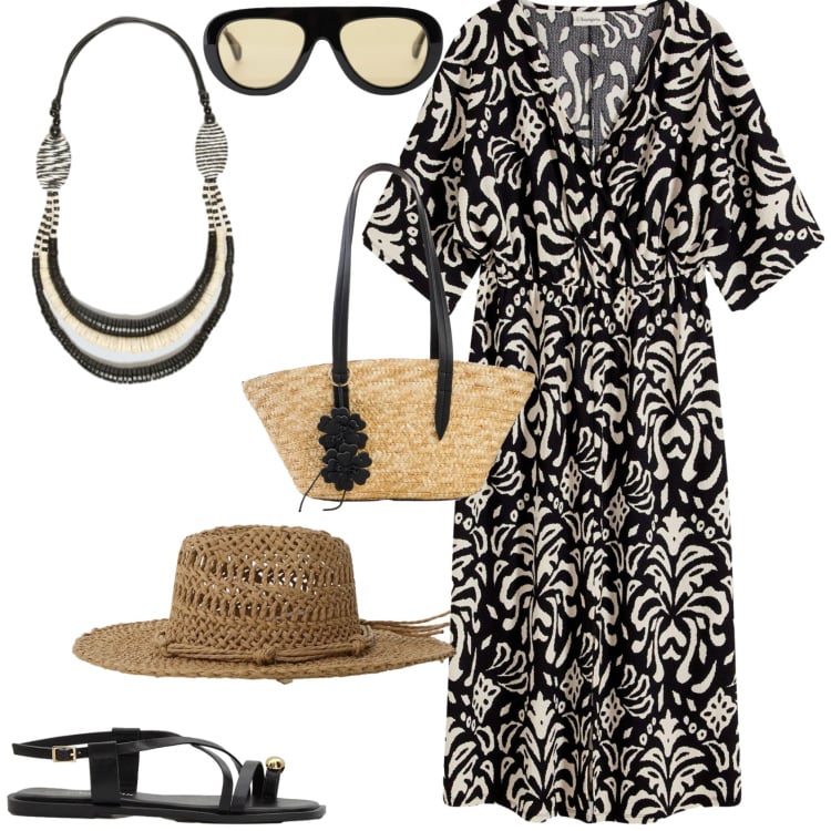 Outfit donna - Week end al mare. Stile Etnico per Mare. Abbinamento con vestiti, shopping bag, sandali, occhiali da sole, cappelli, collane.