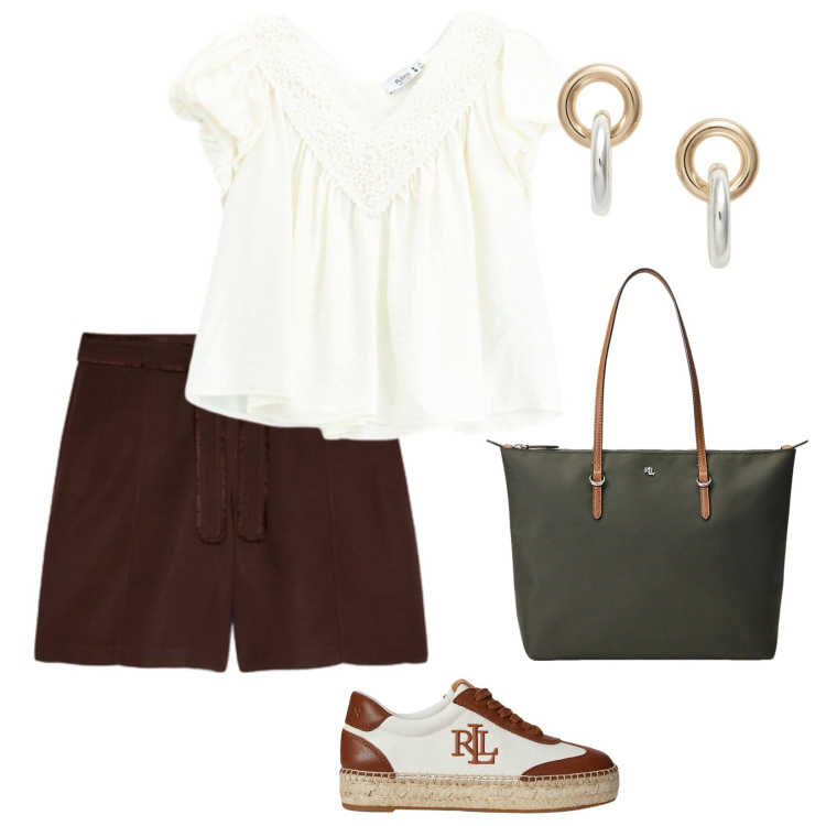 Outfit donna - Lino. per Tutti i giorni. Abbinamento con shorts, borse tote, orecchini, sneakers, bluse.