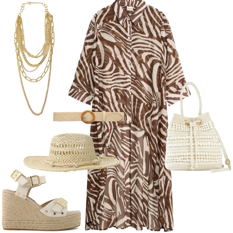 Outfit donna - Animalier in città o vacanza al mare. Stile Casual chic per Tutti i giorni. Abbinamento con vestiti chemisier, borse a secchiello, cinture, cappelli, collane, zeppe.
